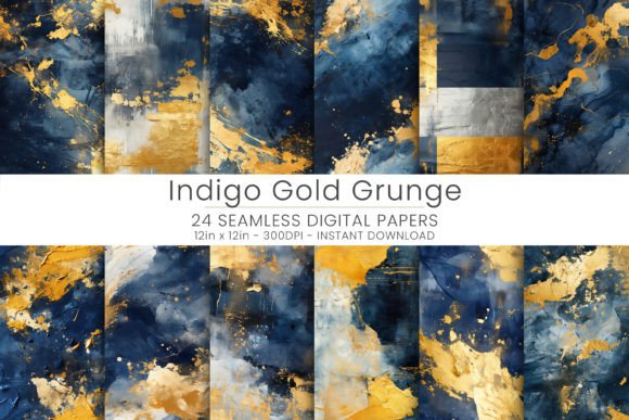 24 Indigo Gold Grunge Digital Paper Graphic Textures By Mehtap