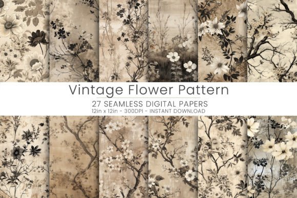 27 Vintage Flower Pattern Digital Papers Grafica Motivi di Carta Di Mehtap