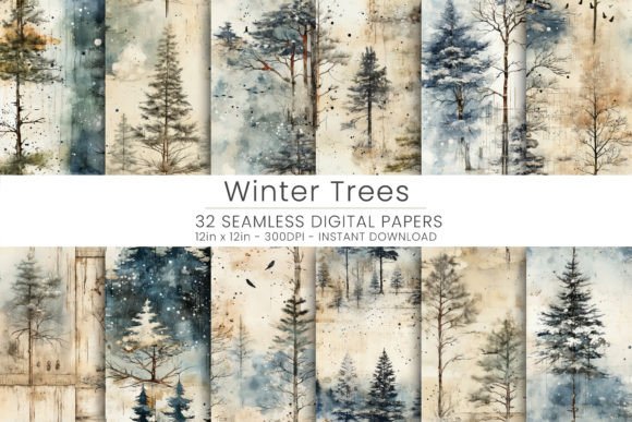 32 Winter Trees Digital Paper Afbeelding Papieren Patronen Door Mehtap