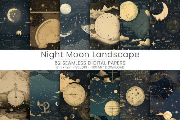 62 Night Moon Landscape Digital Paper Afbeelding Papieren Patronen Door Mehtap