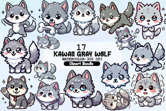 Kawaii Gray Wolf Clipart Bundle Graphic Illustrations By Little Girl