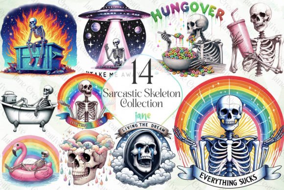 Sarcastic Skeleton Collection Clipart Graphic Illustrations By JaneCreative