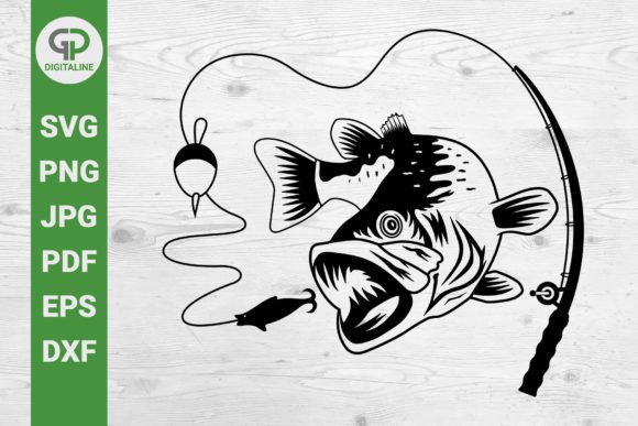 Bass Fish SVG Fishing Rod SVG Gráfico Ilustrações para Impressão Por GPDigitaline