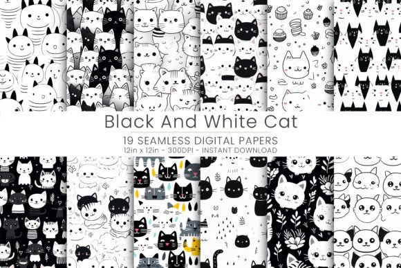 Black and White Cat Digital Paper Illustration Modèles de Papier Par Mehtap