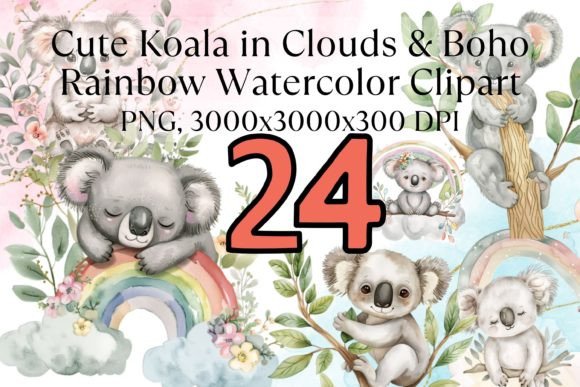 Cute Baby Koala Boho Rainbow Watercolor Afbeelding Afdrukbare Illustraties Door EverydayStudioArt