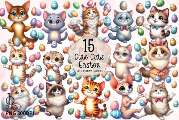 Cute Cats and Easter Eggs Clipart PNG Gráfico Ilustraciones Imprimibles Por LQ Design