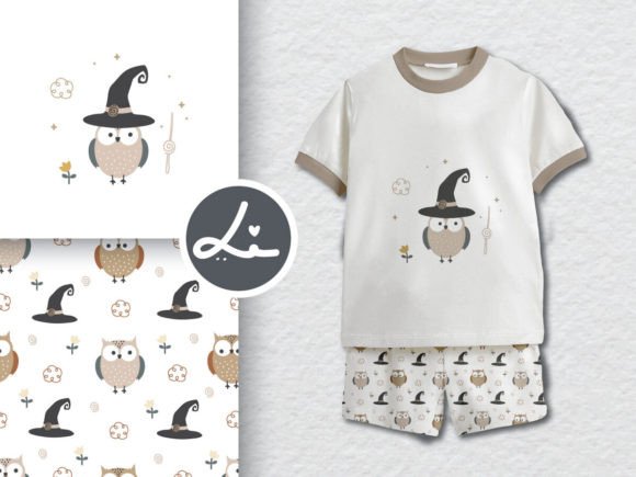 Cute Owl and Witch Hat Seamless Pattern Illustration Modèles de Papier Par lindoet23