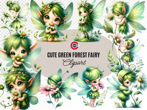 Wishmecle Green Forest Fairy Clipart Gráfico Ilustraciones Imprimibles Por c.kav.art