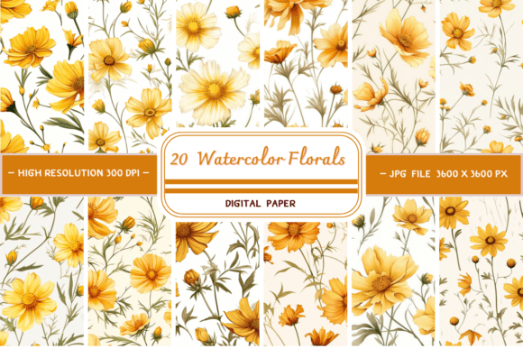 Yellow Watercolor Floral Printable Paper Graphic AI Patterns By Skye Design