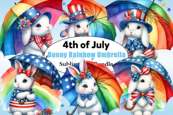 4th of July Bunny Rainbow Umbrella PNG Gráfico Ilustrações para Impressão Por CitraGraphics