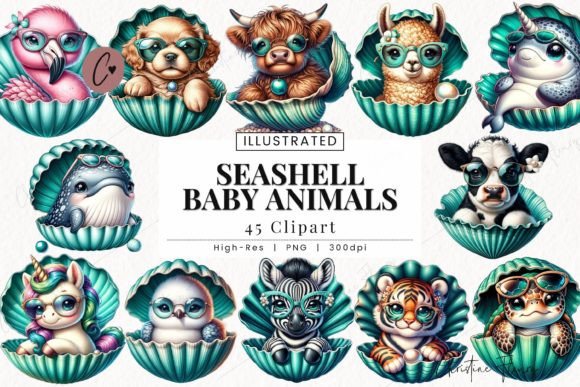 Seashell Baby Animals Clipart, Beach PNG Graphic Illustrations By Christine Fleury