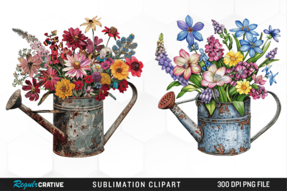 Spring Flowers in a Watering Can Clipart Graphic Illustrations By Regulrcrative