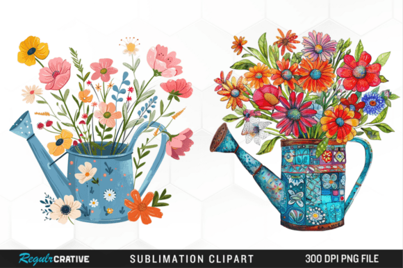 Spring Flowers in a Watering Can Clipart Graphic Illustrations By Regulrcrative