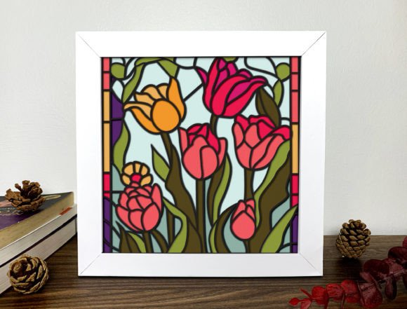 Tulip Stained Glass 3D Box-Alleylightbox Graphic 3D Shadow Box By Alleylightbox