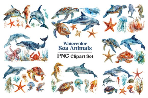 Watercolor Sea Animals Clipart Png Set Graphic AI Illustrations By Pod Design