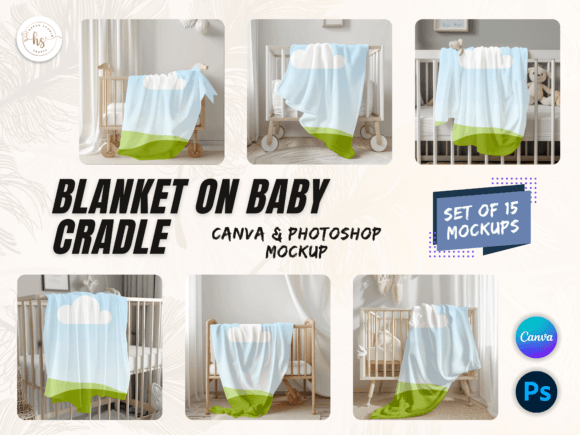 15 Mockup Blanket on Wooden Baby Cradle Graphic Product Mockups By HafsaStudio