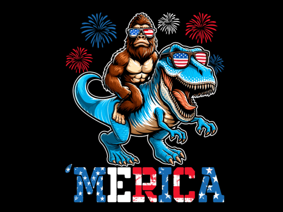 Bigfoot Riding T-Rex 4th of July Merica Graphic T-shirt Designs By Trendy Creative