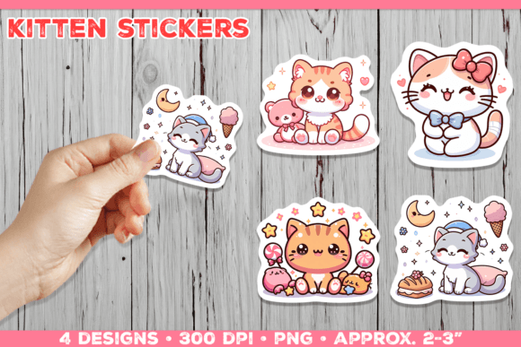 Cute Kitten Stickers PNG. Adorable Kawai Graphic Print Templates By julimur