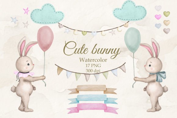 Cute Bunny with a Balloon Watercolor Set Graphic Illustrations By Watercolor_by_Alyona
