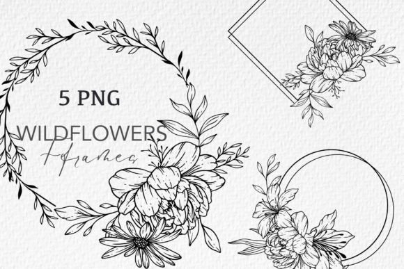 Wildflowers LINE ART. Wildflowers Frame Gráfico Ilustraciones Imprimibles Por CaraulanStore