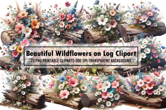 Beautiful Wildflowers on Log Clipart PNG Graphic Illustrations By Sublimation Artist