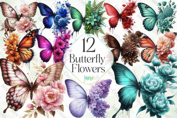 Butterfly Flowers Sublimation Clipart Grafik Druckbare Illustrationen Von JaneCreative