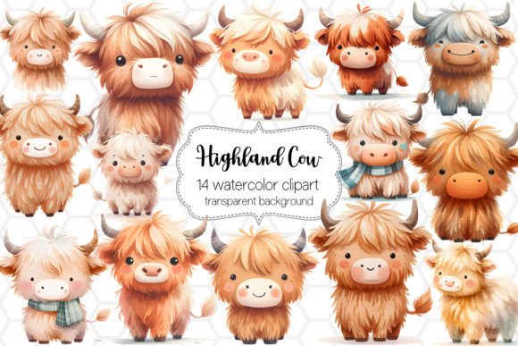 Cute Highland Cow Clipart Bundle PNG Graphic Illustrations By DreanArtDesign