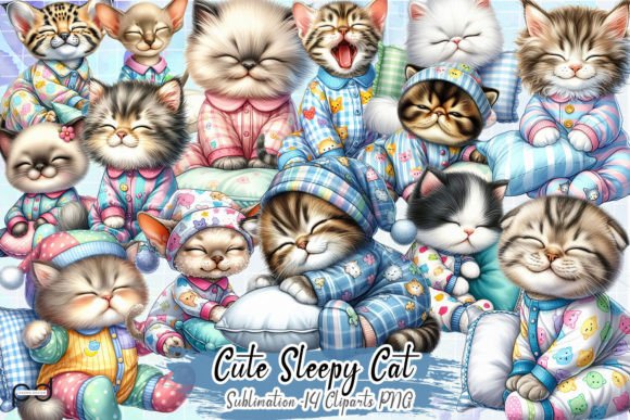 Cute Sleepy Cat Sublimation Clipart PNG Graphic Illustrations By Padma.Design