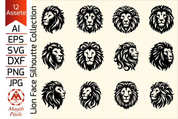 Lion Face Silhouette Vector Collection Gráfico Ilustraciones IA Por Mayth Pixels