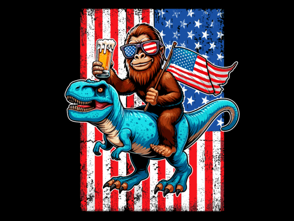 USA Flag Bigfoot Riding T-Rex Vector. Graphic T-shirt Designs By Trendy Creative
