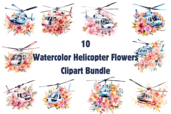 Watercolor Helicopter Flowers Clipart Illustration Illustrations Imprimables Par Creative Flow