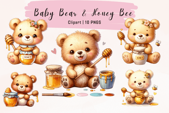 Baby Bear and Honey Bee Clipart Afbeelding Afdrukbare Illustraties Door Skye Design
