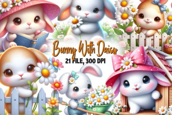 Bunny Clipart, Bunny with Daisy Png Graphic Illustrations By Dreamshop