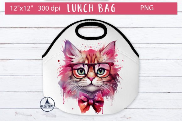 Cat with Glasses Drawing | Lunch Bag Gráfico Ilustraciones Imprimibles Por Olga Boat Design