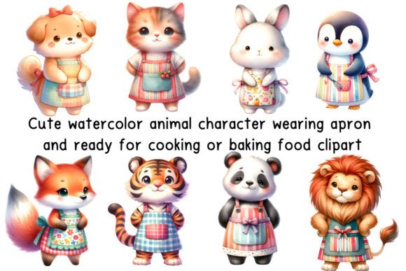 Cute Watercolor Animal with Apron Graphic AI Transparent PNGs By Piscine26