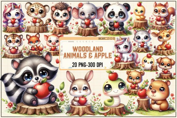 Cute Woodland Animals Love Apple Bundle Grafik Druckbare Illustrationen Von DS.Art