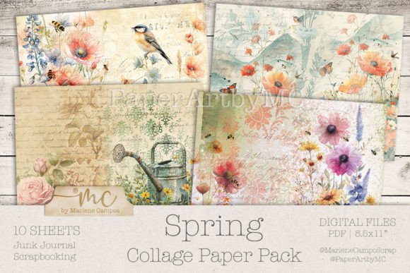 Spring Collage Paper, Junk Journal Pages Graphic Print Templates By paperart.bymc