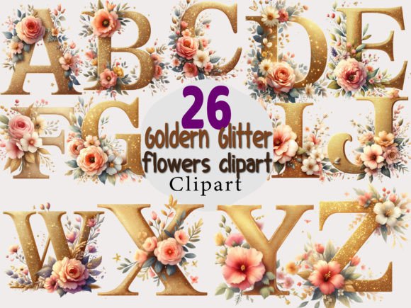 Golden Glitters Flower Alphabet Clipart Grafik Druckbare Illustrationen Von Maya Design