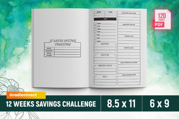 (KDP) 12 Weeks Savings Challenge Canva Gráfico Interiores KDP Por gradientvect