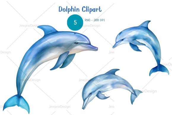 Watercolor Dolphin Animal Clipart Gráfico Ilustrações para Impressão Por JewjewDesign