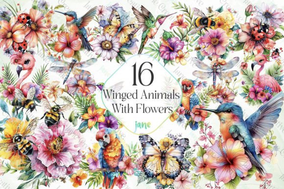 Winged Animals with Flowers Sublimation Grafik Druckbare Illustrationen Von JaneCreative