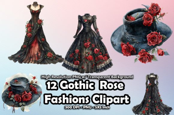 12 Gothic Red Rose Fashion Clipart PNG Graphic Illustrations By printztopbrand