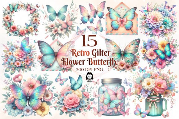 15 Retro Gilter Flower Butterfly Clipart Grafik Druckbare Illustrationen Von Cat Lady