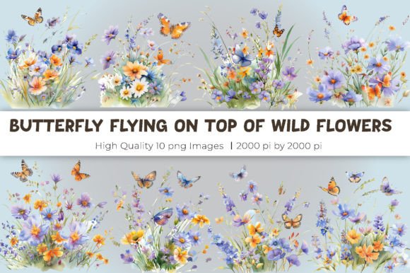 Butterfly Flying on Top of Wild Flowers Grafik Druckbare Illustrationen Von mirazooze