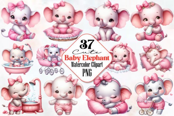 Elephants Clipart, Baby Shower Clipart Graphic Illustrations By RobertsArt