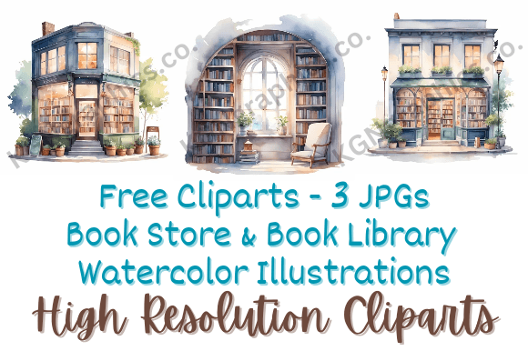 FREE Watercolor Bookstore: 3 Clipart Set Graphic AI Illustrations By KGNgraphics.Co.