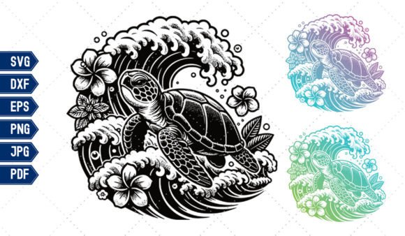 Sea Turtle Svg Png with Wave and Flowers Graphic Crafts By tinoko.shop