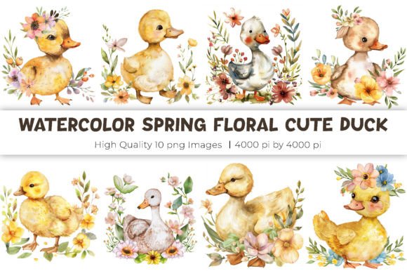 Watercolor Spring Floral Cute Ducks Graphic Illustrations By mirazooze