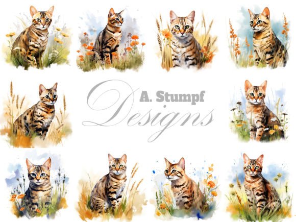 Bengal Cat Watercolor Clipart Image Set Grafika Ilustracje do Druku Przez Andreas Stumpf Designs