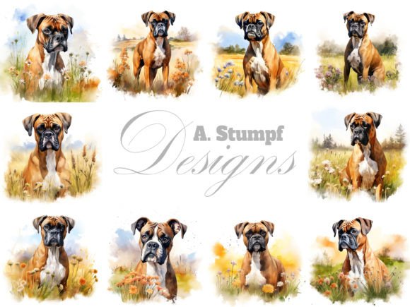 Boxer Watercolor Dog Clipart Image Set Illustration Illustrations Imprimables Par Andreas Stumpf Designs